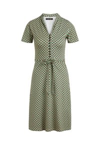 Sukienka z krótkim rękawem w wzór aqua z brązowymi akcentami, z kołnierzykiem, z przodu na guziki i z wiązaniem w talii.