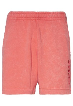 Korallowo-różowe szorty wykonane z miękkiego materiału, z elastycznym pasem i fakturowanym wykończeniem. Na boku nadrukowane logo "Just Do It".