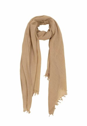 Light brown woven scarf with fringed edges, loosely looped, soft lightweight fabric, suitable for everyday wear.