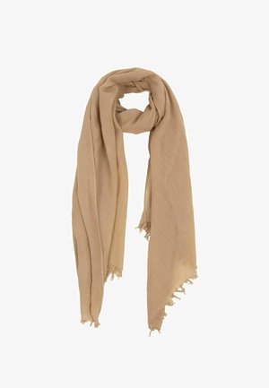 Hellbrauner gewebter Schal mit fransigen Rändern, locker geschlungen, aus weichem, leichtem Stoff, geeignet für den täglichen Gebrauch.