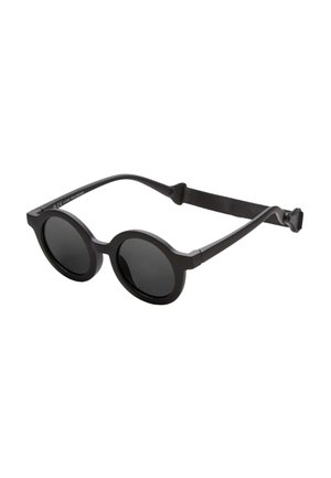 Schwarze runde Sonnenbrille mit dunklen Gläsern und verstellbaren Seitenriemen für sicheren Sitz.