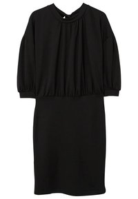 Vestido negro con un escote redondo, mangas cortas abullonadas y un cuerpo suelto que se agrupa suavemente en la cintura. Textura suave, hasta la rodilla.
