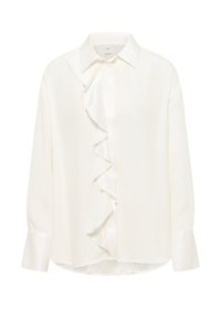 Blusa bianca a maniche lunghe con colletto a punta e dettaglio di ruches verticali centrali, con ampie cinture e tessuto liscio.
