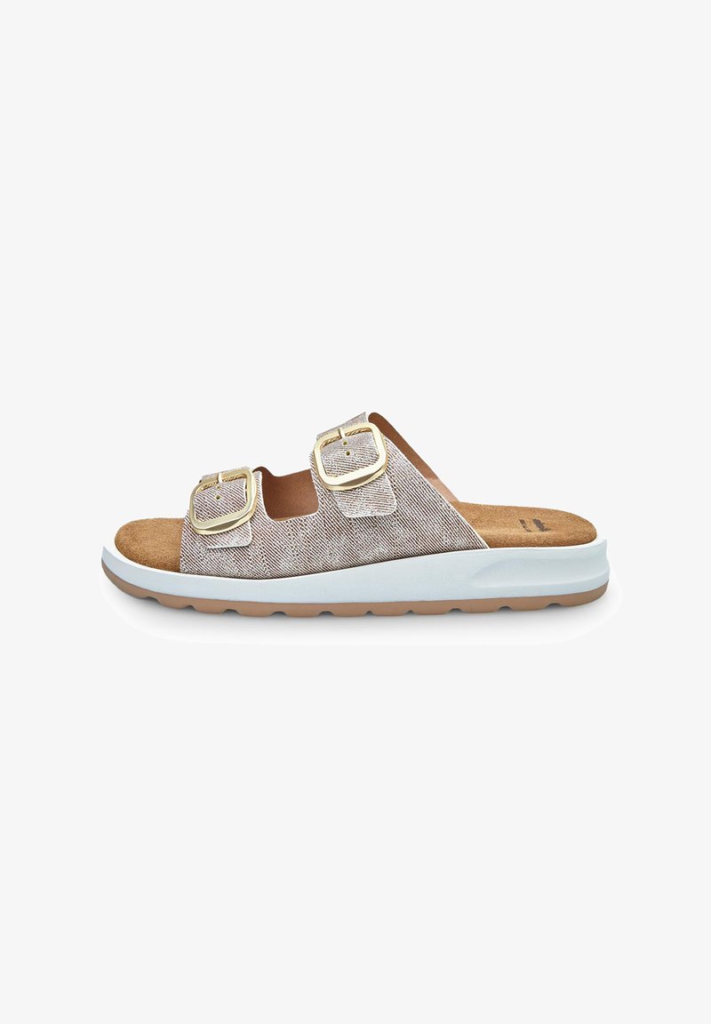 Light brown slide sandal with two adjustable golden buckle straps, textured fabric upper, cork footbed, and white rubber sole.