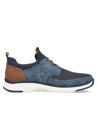 Navy blue mesh and faux leather sneaker with brown accents, round toe, contrasting sole, and decorative lacing. Textured uppers and padded collar.