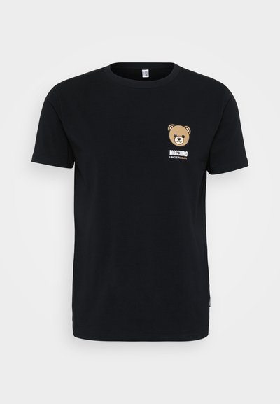 Black cotton t-shirt featuring a brown bear graphic and “Moschino Underbear” text on the upper left side. Classic short-sleeve design.