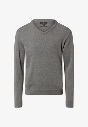 Maglione grigio a scollo a V in cotone biologico, con maniche lunghe, polsini a costine e una texture liscia e pulita.