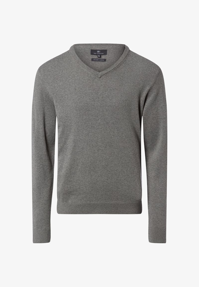 Grauer V-Ausschnitt-Pullover aus Bio-Baumwolle, mit langen Ärmeln, gerippten Bündchen und einer klaren, glatten Textur.