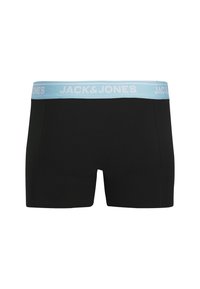 Sorte boxershorts med en lyseblå elastisk talje, der har teksten "JACK & JONES". Glat stof og tætsiddende design.