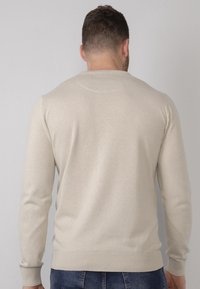 Maglione beige chiaro con colletto rotondo, maniche lunghe, polsini e orlo a costine, realizzato in tessuto morbido e liscio, design semplice e privo di fronzoli.