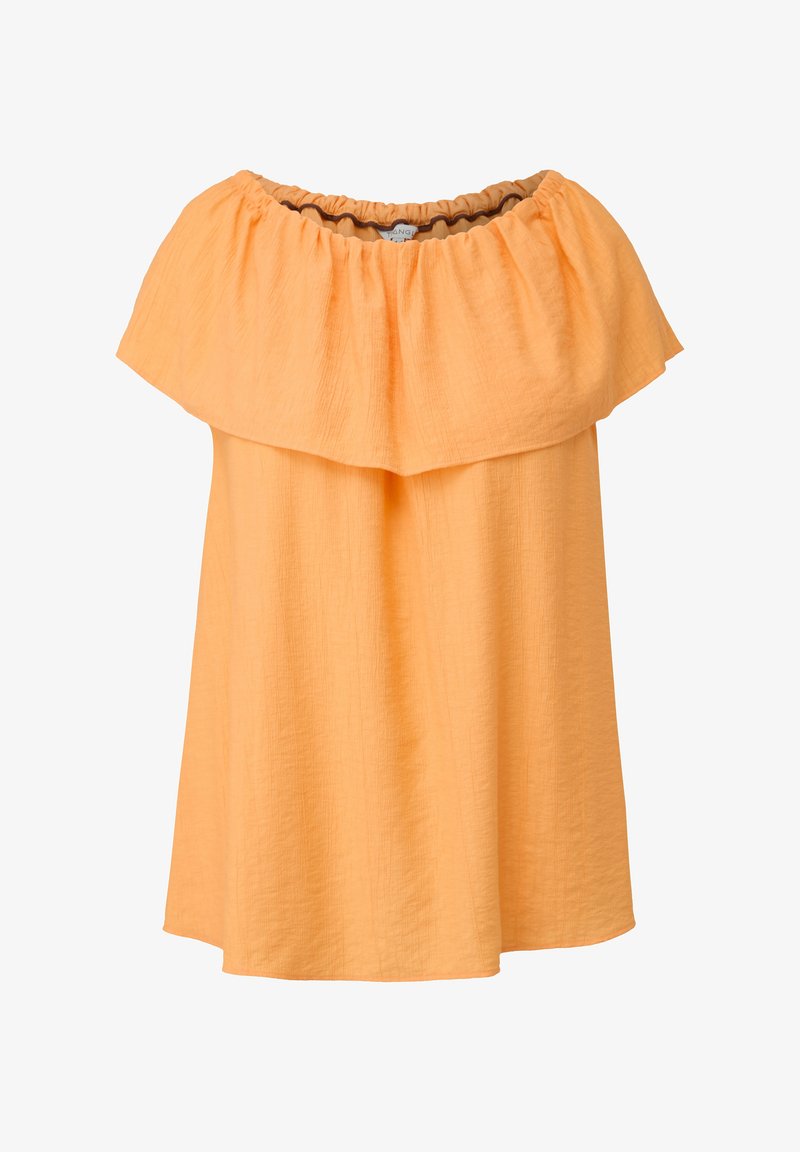 Orange blouse with a wide, gathered neckline and flared silhouette. Made from textured fabric with a flowy design, lightweight and casual.