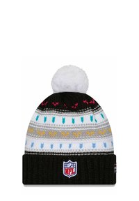 Cappello in maglia per l'inverno con strisce nere, bianche e grigie, motivi a freccia multicolori e un pom-pom bianco in cima. Logo NFL sulla fascia.