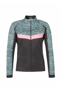 Sportinė striukė su užtrauktuku, juodu korpusu, mėlynu bangų raštu ant pečių ir rankovių, bei rožine horizontalia juosta krūtinės srityje.