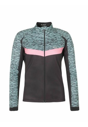 Sportliche Jacke mit Reißverschluss, schwarzer Grundfarbe, türkisfarbenem Wellenmuster auf Schultern und Ärmeln sowie einem pinken horizontalen Streifen über der Brust.