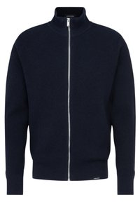 Gilet zippé bleu marine avec col montant, texture côtelée et poignets ajustés, confectionné en matériau tricoté doux, doté d'une fermeture éclair argentée.