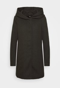 Abrigo gris oscuro con una gran capucha, mangas largas y un corte recto. Fabricado con una tela texturizada de acabado suave y con un hardware mínimo.