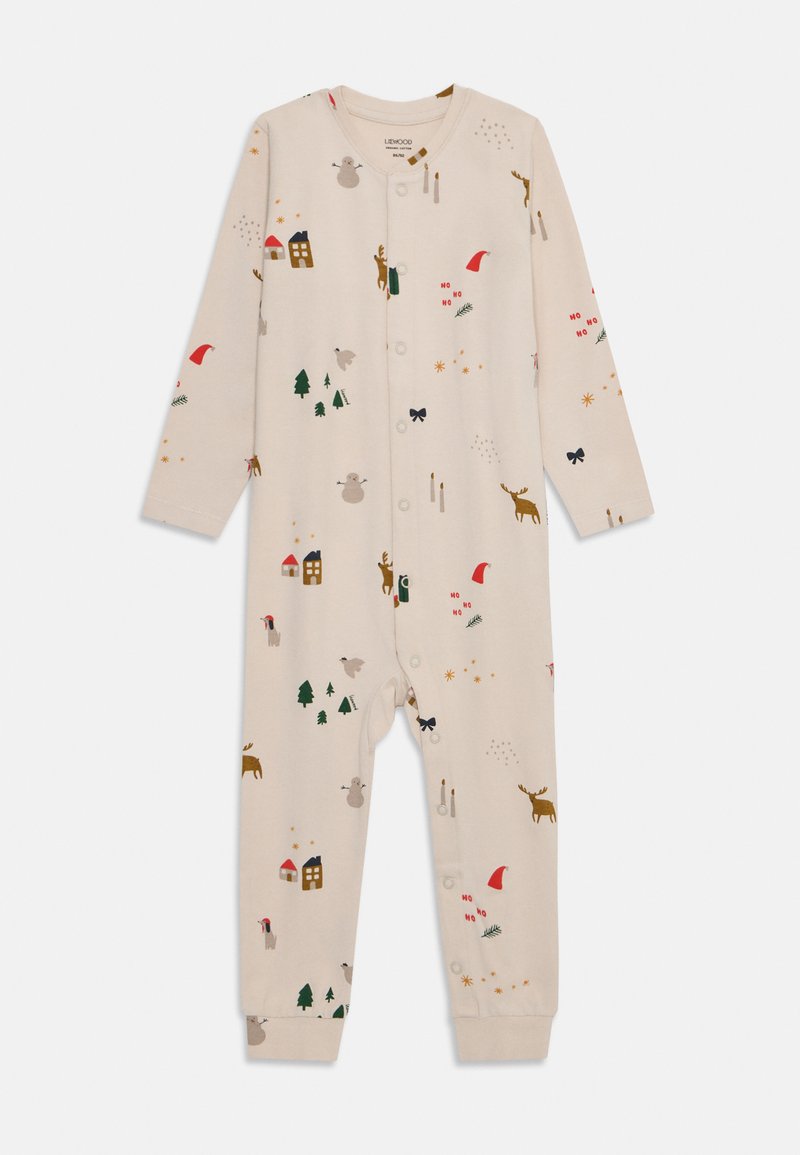 Krém színű babapóló hosszú ujjakkal, amely ünnepi mintázattal rendelkezik: rénszarvasok, fák, hóemberek és ünnepi kiegészítők láthatók rajta. Kapcsos záródás.