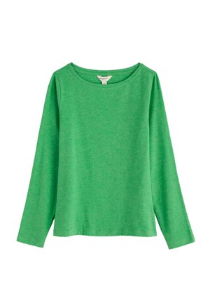 Zaļš krekls ar garām piedurknēm un taisnu apakšmali, izklāts uz balta fona.