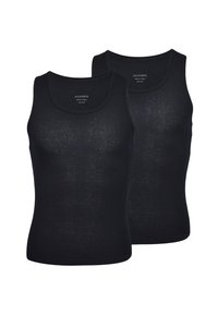 Schwarze Tanktops aus weichem Rippstoff mit Rundhalsausschnitt und taillierter Passform. Im Lieferumfang sind zwei Teile enthalten, im minimalistischen Stil.