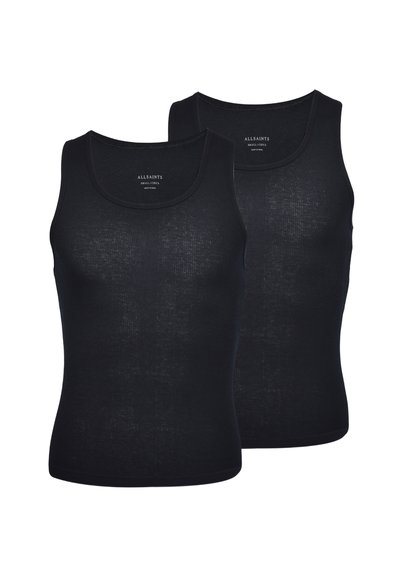 Deux débardeurs sans manches en coton côtelé noirs AllSaints, taille petite, présentés à plat sur fond blanc.