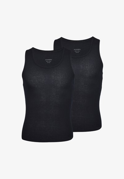 Deux débardeurs sans manches en coton côtelé noirs AllSaints, taille petite, présentés à plat sur fond blanc.