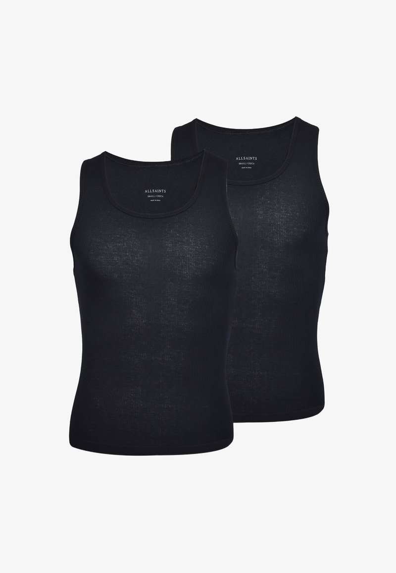 Black tank tops made of soft ribbed fabric, featuring a round neckline and a fitted design. Two pieces included, minimalistic style.