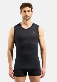 Black sleeveless athletic tank top with a textured pattern, round neckline, and slim fit. Features a small logo on the upper left side.