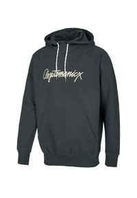 Sudadera gris oscuro hecha de una tela suave, con un bolsillo frontal, cordones blancos y un logo cursivo prominente en la parte delantera.