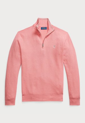 Sweater pullover rosa claro com colarinho de zip de um quarto. Apresenta punhos e barra canelados, feito de tecido de malha texturizada com um pequeno logotipo no peito.