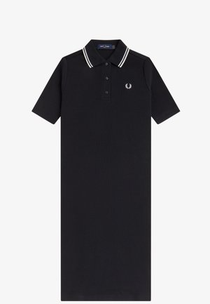 Schwarzes, kurzärmeliges Polokleid aus Rippstrick mit weißen Doppelstreifen am Kragen und kleinem weißem Lorbeerkranz-Logo auf der Brust.