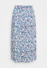 White midi skirt with blue, red, and green floral pattern and elasticated ruffled waistband, displayed on a plain background.