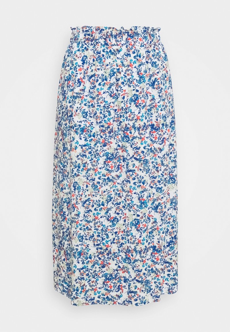 White midi skirt with blue, red, and green floral pattern and elasticated ruffled waistband, displayed on a plain background.