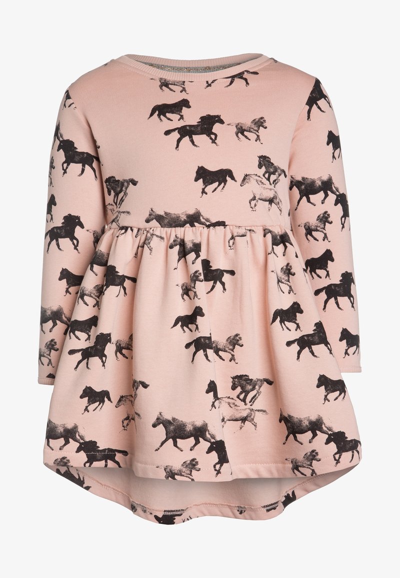 Robe rose à manches longues pour tout-petit avec taille froncée présentant un motif répétitif de chevaux noirs et gris dans différentes poses.