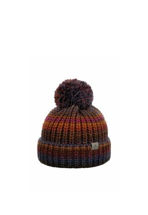 Chunky knit beanie in brown, orange, purple, and red tones with a large pom-pom on top and a small fabric brand tag on the cuff.