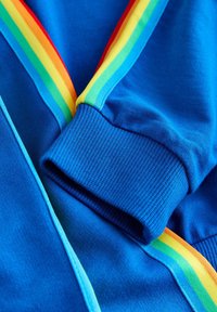 Bluza albastră cu manșete tricotate, având accente dungi multicolore în roșu, galben, verde și portocaliu de-a lungul gulerului și mânecilor.