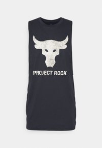 Hihaton tummanharmaa puuvillapaita, jossa on suuri valkoinen haljennut härkälogo ja "PROJECT ROCK" -teksti alla. Pehmeä rakenne, rento istuvuus.