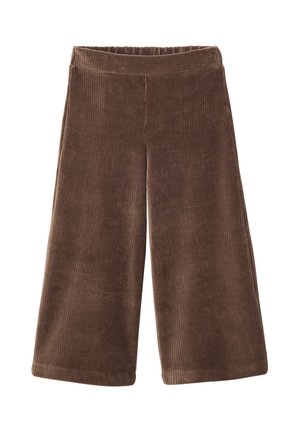 Brown corduroy wide-leg cropped pants with elastic waistband, no visible pockets or fasteners, displayed on white background.