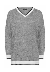 Pullover grigio a maglia con scollatura a V, caratterizzato da bordi neri e bianchi sul colletto e sull'orlo. Maniche a vestibilità ampia con texture minima.