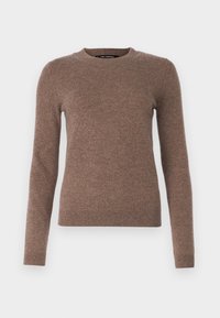 Maglione marrone realizzato in materiale morbido, con scollo rotondo, maniche lunghe e una vestibilità aderente. Nessun motivo o accessorio visibile.