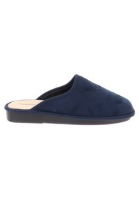 Pantofole blu navy con tomaia in tessuto morbido, design slip-on, punta rotonda e suola in gomma nera testurizzata. Nessun hardware visibile o motivi.