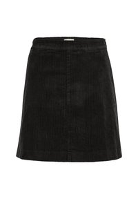 Čierna manšestrová sukňa do áčka s viditeľnými vertikálnymi žliabkami a opaskom, zobrazená na bielom pozadí.