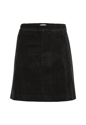 Czarna spódnica w kształcie litery A z weluru sztruksowego z widocznymi pionowymi prążkami i paskiem w talii, prezentowana na białym tle.