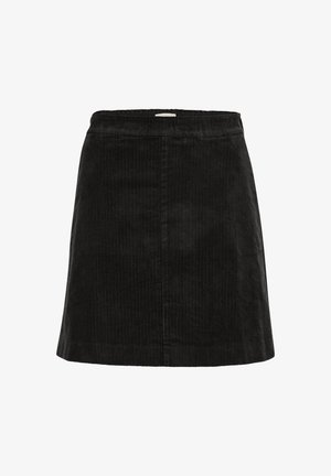 Czarna spódnica w kształcie litery A z weluru sztruksowego z widocznymi pionowymi prążkami i paskiem w talii, prezentowana na białym tle.