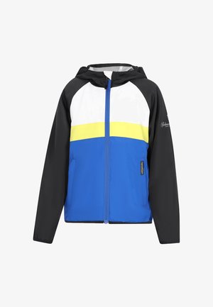Kapuzensweatjacke mit schwarzen Ärmeln, weißer oberer Brustpartie, gelbem Streifen, blauem Unterkörper und Frontreißverschluss, dargestellt vor weißem Hintergrund.