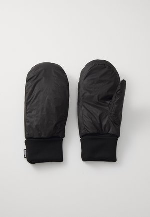 Gants noirs en tissu résistant à l'eau, avec des poignets ribbed noirs et une texture lisse et légèrement brillante. Le design comprend une forme simple.