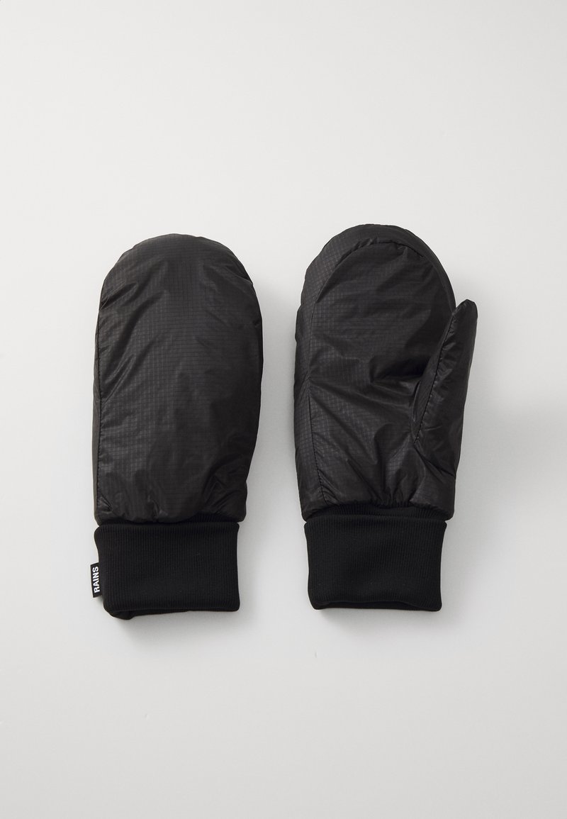 Mănuși negre fabricate dintr-un material rezistent la apă, având manșete negre ribbate și o textură netedă, ușor lucioasă. Designul include o formă simplă.