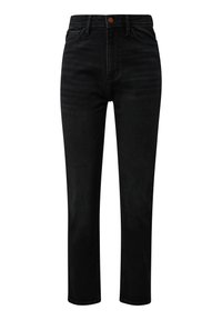 Jeans de mezclilla negros con corte recto, que presentan un cierre de botón, lazos para cinturón y patrones de desgaste sutiles a lo largo de la tela.