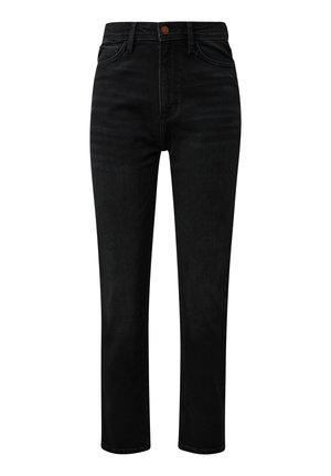 Črne jeans hlače s ravnim krojem, ki imajo gumb za zapiranje, zanke za pas in subtilne vzorce bledenja po tkanini.
