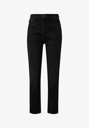 Schwarze Jeans aus Denim mit geradem Schnitt, ausgestattet mit einem Knopfverschluss, Gürtelschlaufen und dezenten Ausbleichmustern auf dem Stoff.