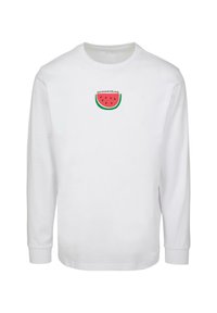 Fehér, hosszú ujjú ing, vízmelon grafikával, felette "nyár" felirattal. Simább pamut anyag, testhezálló ujjak.